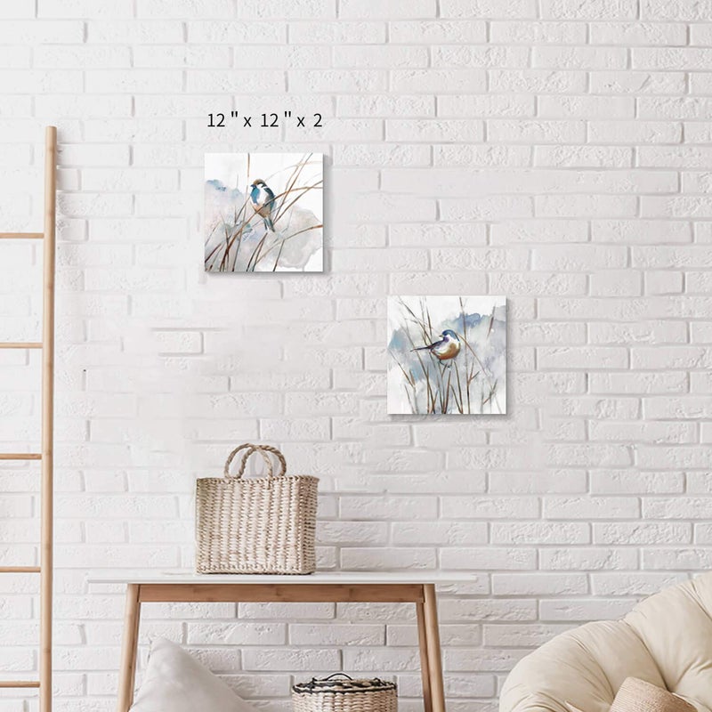 Hardy Gallery Abstract Picture Bird Wall Art: Animal Birds on Reed Watercolor Artwork Prints on Canvas for Bedroom (12â€ x 12â€ x 2 Panels) - Image 2